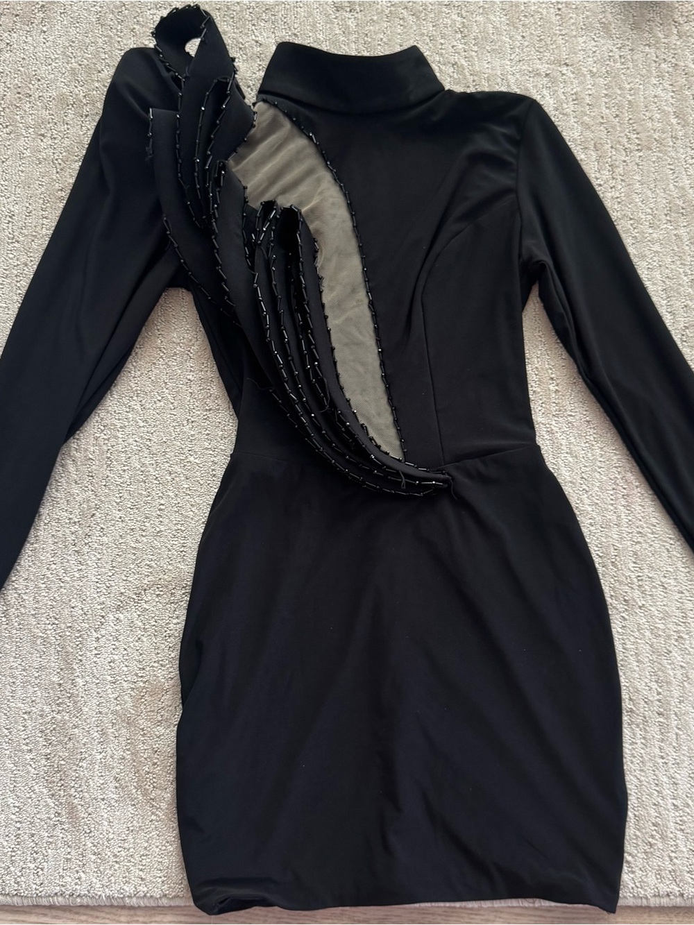 Black Long-Sleeve Sheath Dress with Beaded Ruffle Detail